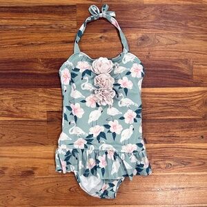 Kids Janie & Jack Floral Swan One Peice Halter Swimsuit Size 5